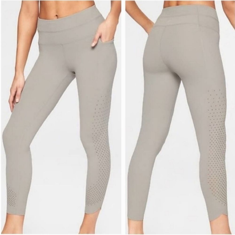 Athleta Chakra 7/8 Powervita Leggings w/Laser Cut design & pockets Gray SMALL
